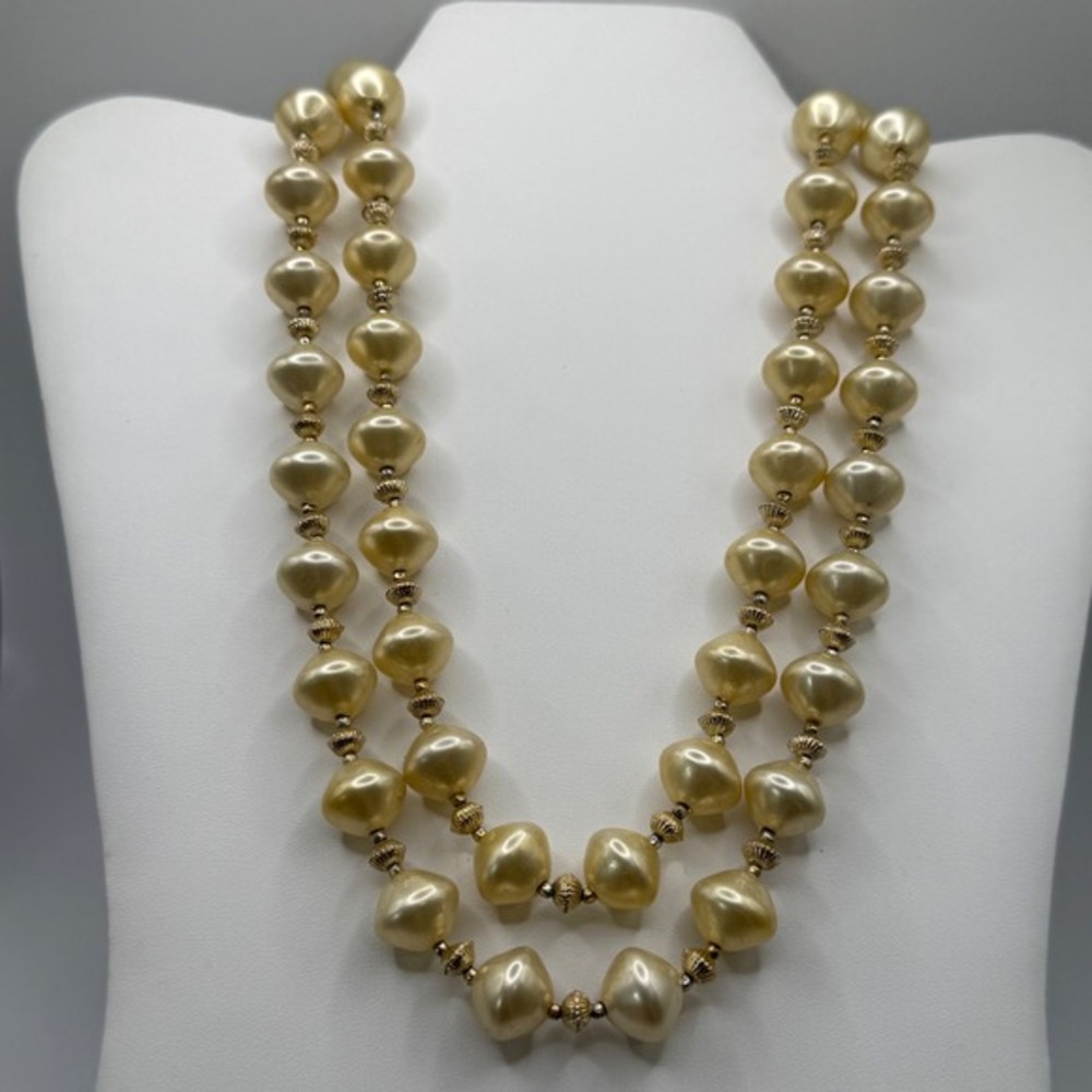 Vintage Double Strand Beaded Necklace Cream Baroque Beads Hong Kong Clasp
